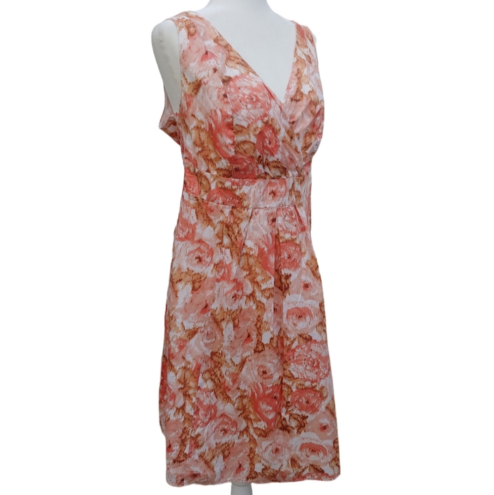 Lands' End New Cotton Floral Dress with Wrap V-Neck in Peach Multi size 14 NWT